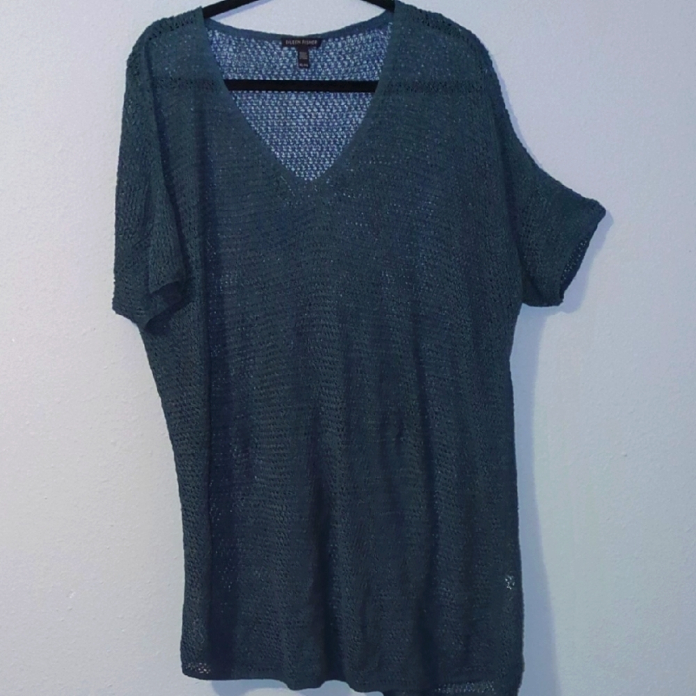 Eileen Fisher V-Neck Open Knit Tunic Top